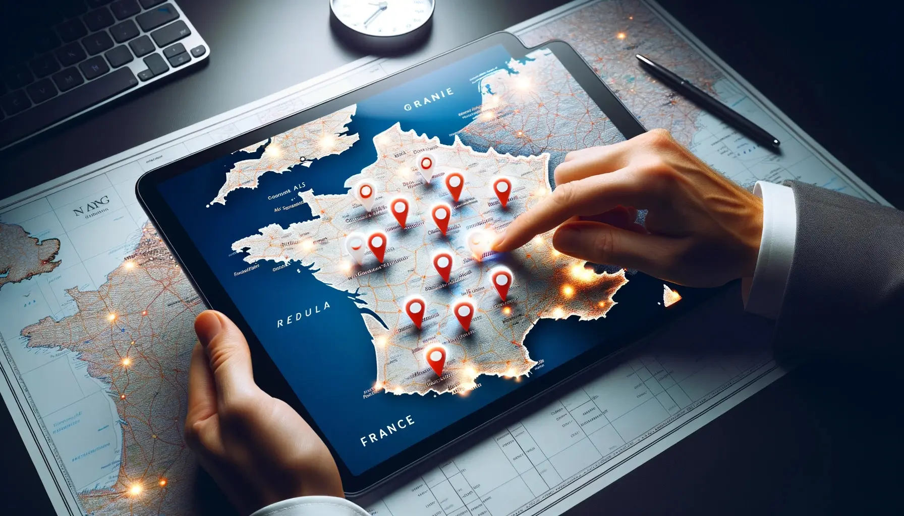 Agence Experte Google My Business DALL·E 2023 10 20 08.43.22 Photo 4k dune carte de la France avec des epingles lumineuses indiquant des entreprises optimisees pour le referencement local. Au premier plan une