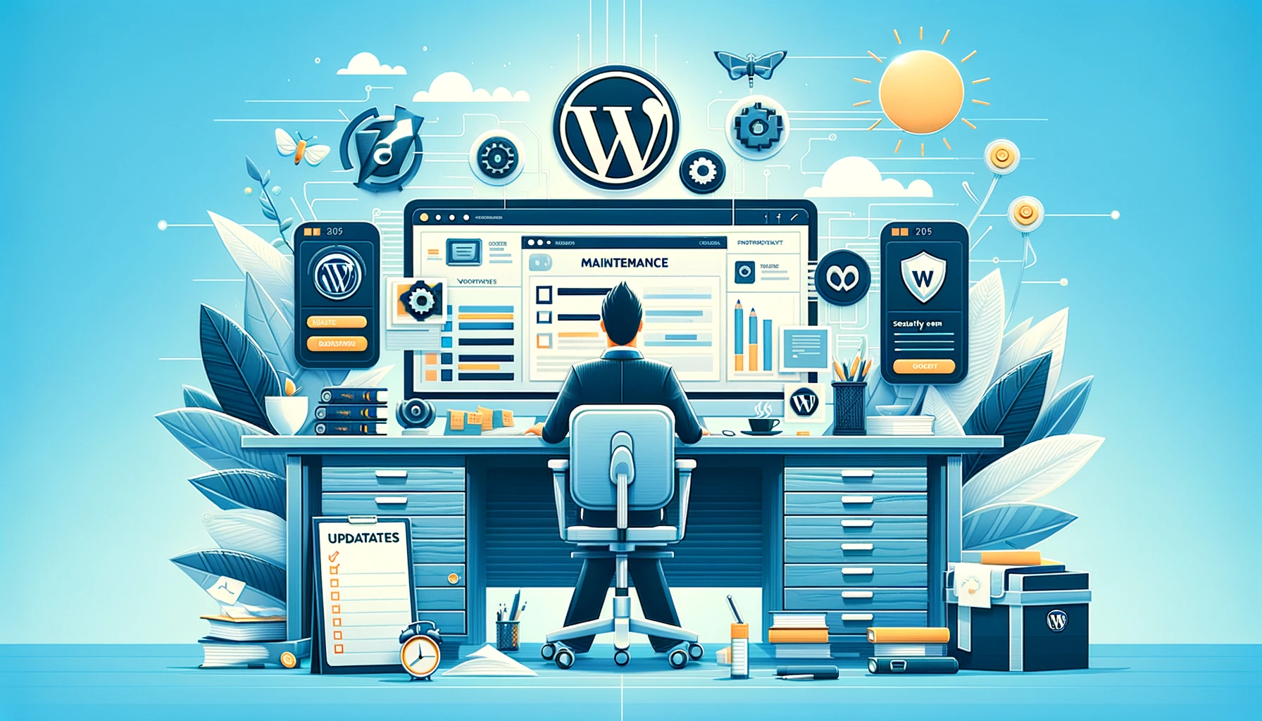Maintenance de site internet | Maintenance WordPress DALL·E 2024 02 20 10.10.51 Craft a landscape oriented image that encapsulates the service of WordPress maintenance. The scene should feature a modern and clean workspace with a