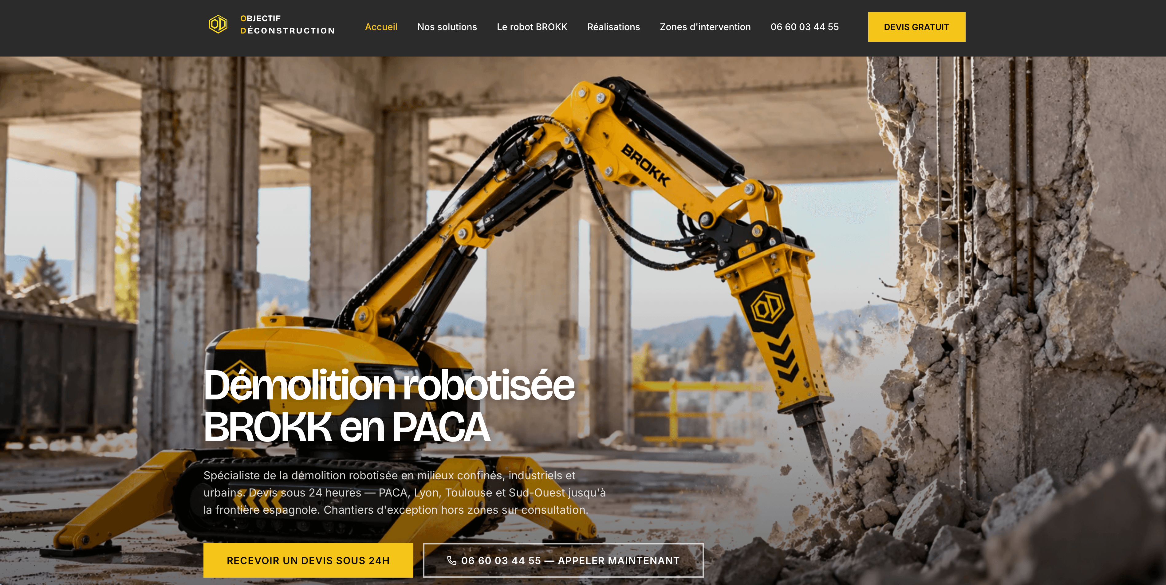 Brokk Objectif Déconstruction, site vitrine démolition robotisée